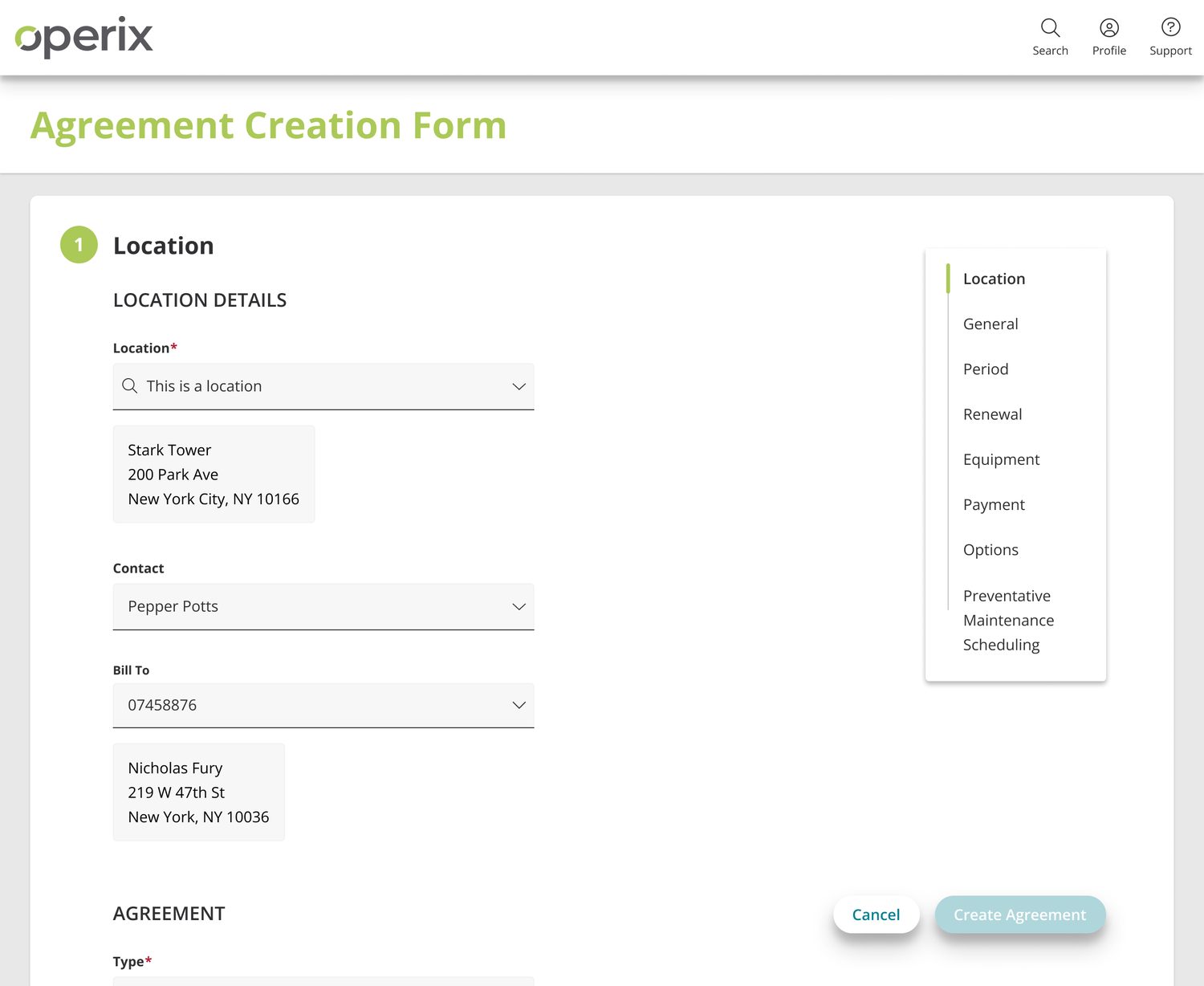 The agreement creation form: numbered sections, a persistent section rail, and pinned commit actions