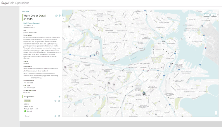 Animated demo of the work order detail panel opening from a map pin, showing site info, description, status, and assignment list