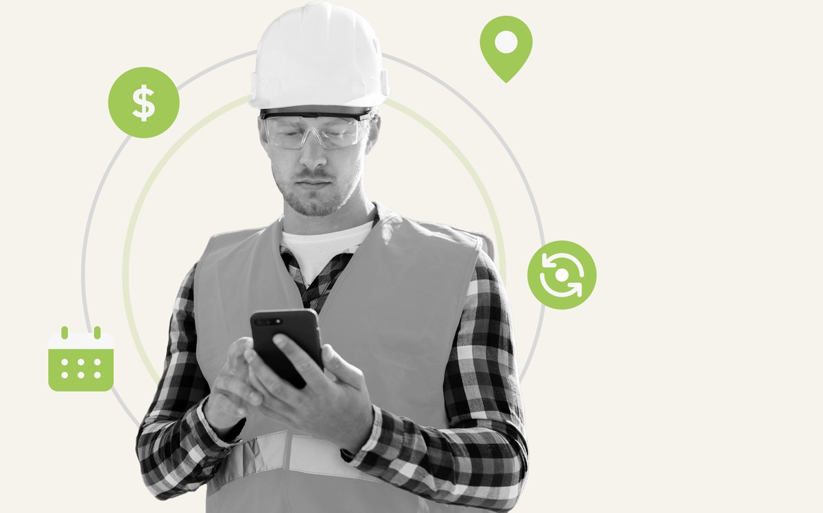 A field technician in a hard hat and safety vest working from a phone, ringed by scheduling, location, dispatch, and billing icons