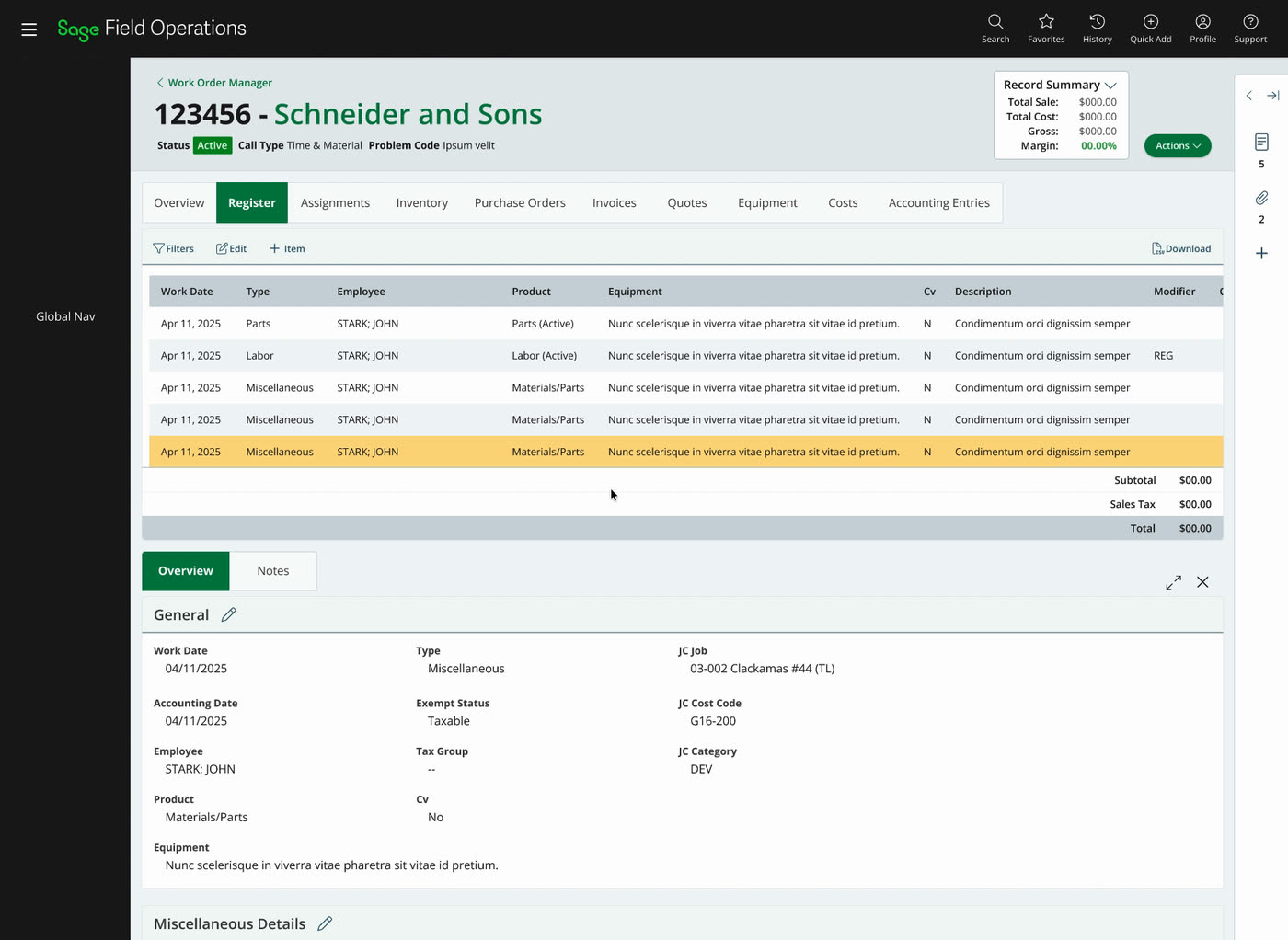 After saving, the new line item appears highlighted in the register and a detail panel opens on it