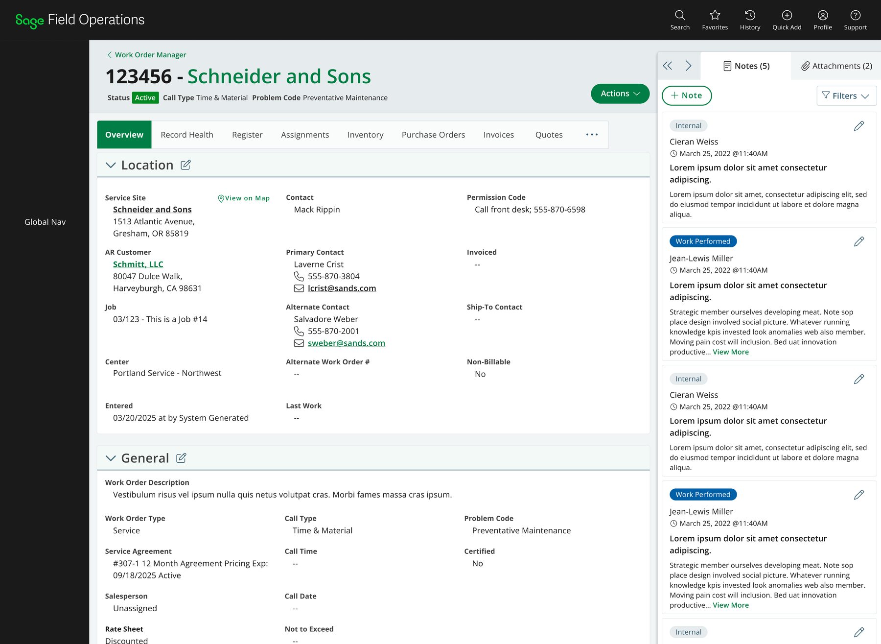 The redesigned work order record: unified header, permission-driven tab strip, and a docked notes panel