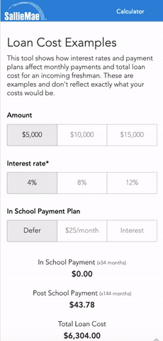 Animated demonstration of the shipped estimator: tapping through loan amount, interest rate, and in-school payment plan while the in-school payment, post-school payment, and total loan cost update in place