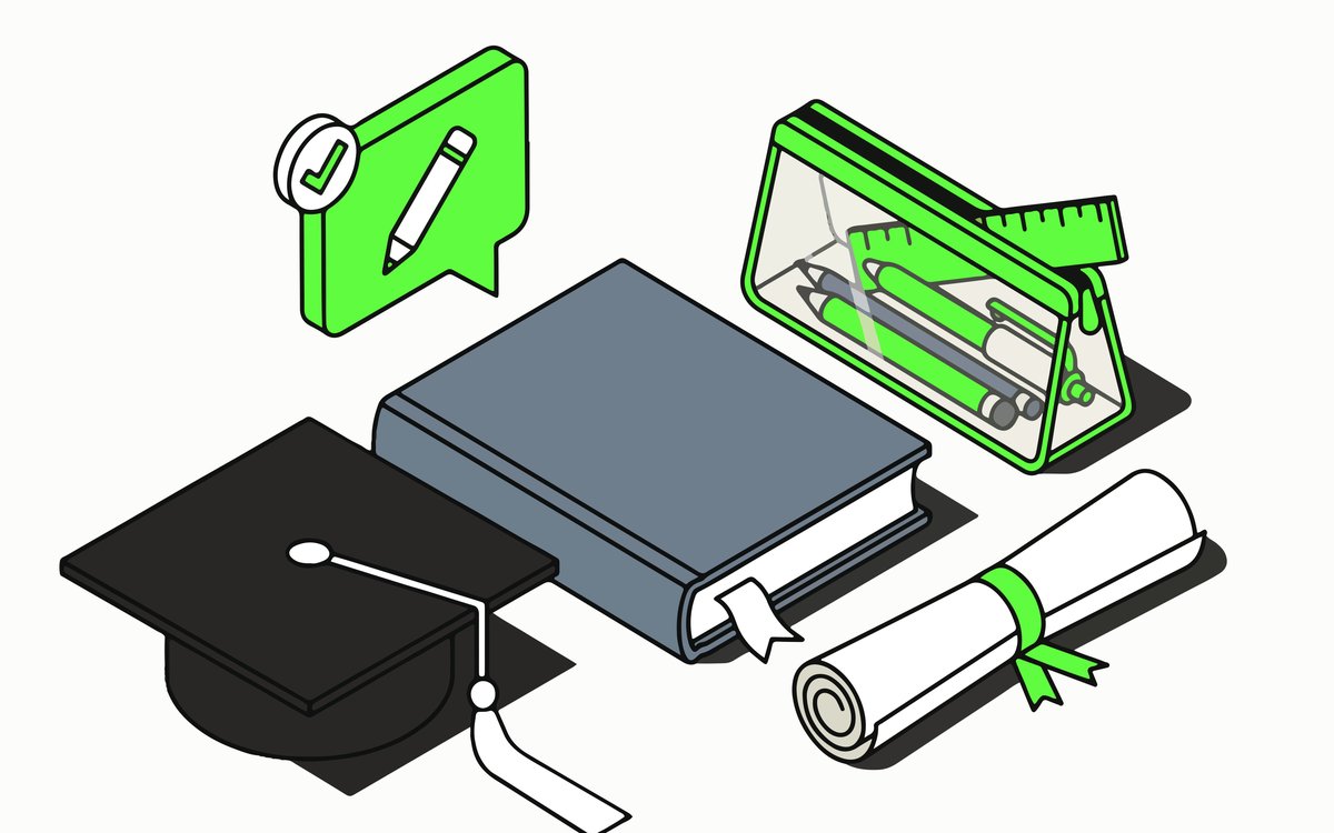 Flat isometric illustration of a graduation cap, textbook, rolled diploma and pencil case