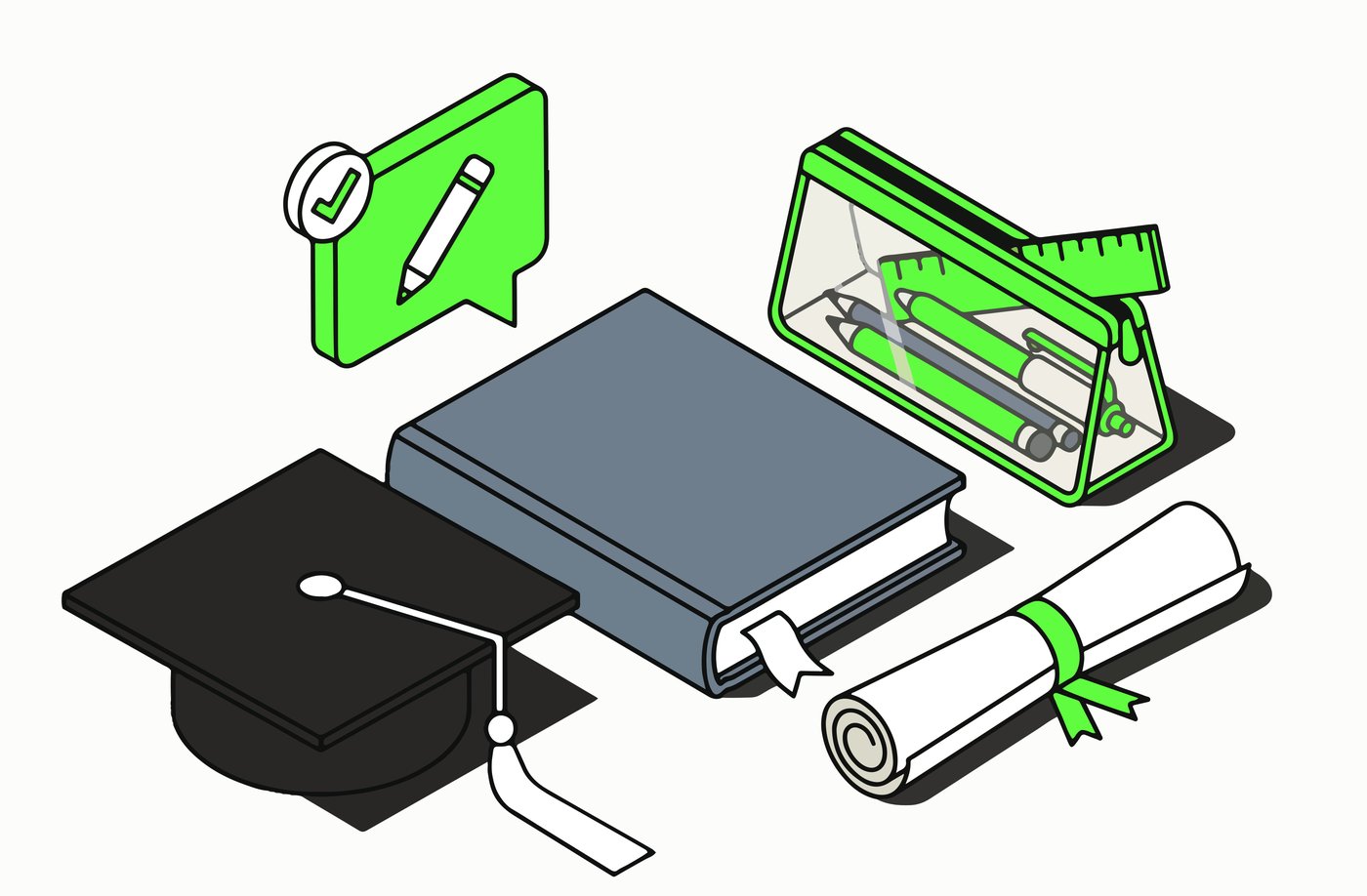 Flat isometric illustration: a graduation cap, a textbook, a rolled diploma, a pencil case, and a speech bubble containing a pencil and a check mark