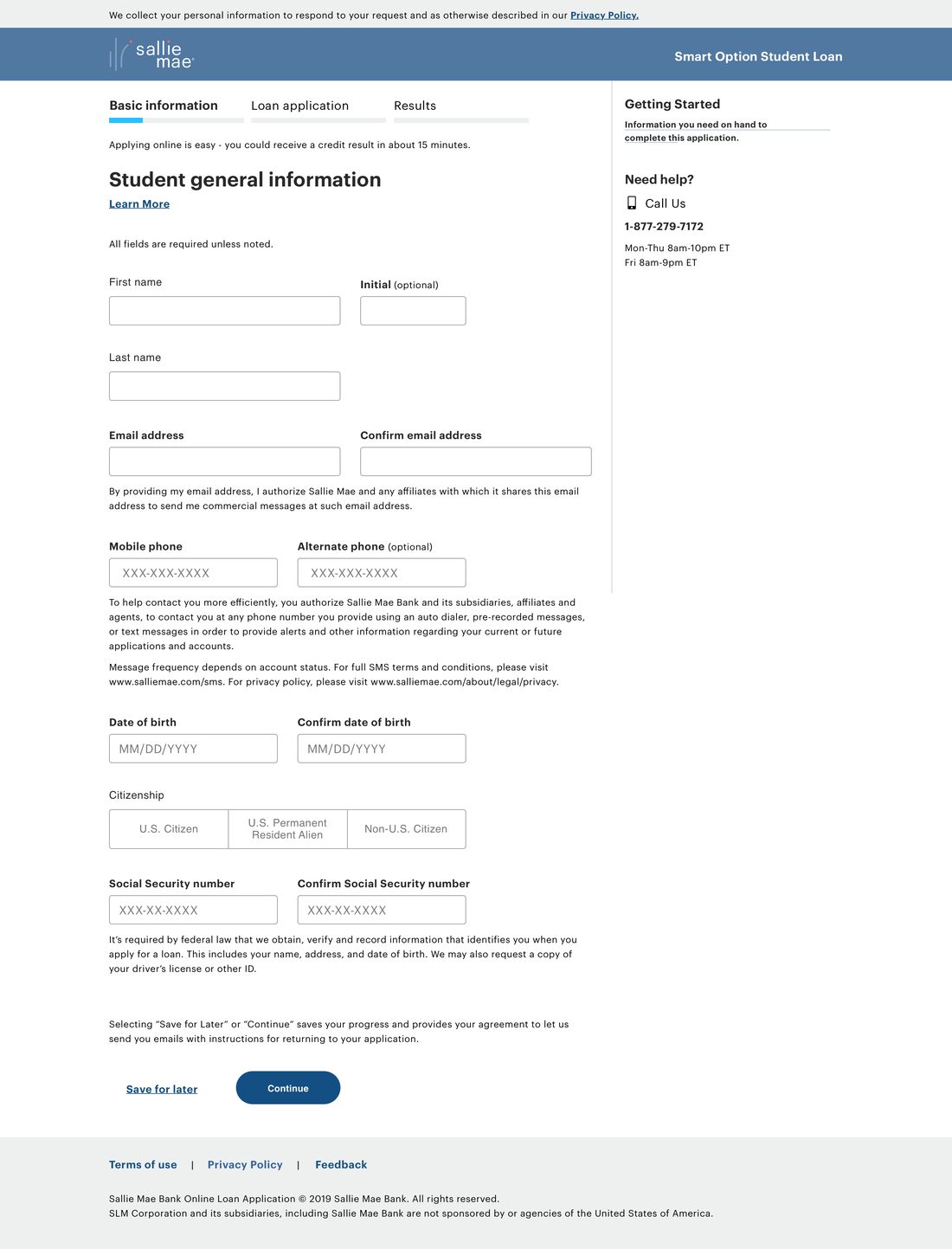The redesigned Student General Information page in the new Sallie Mae brand: a slate blue header with the new wordmark, three underlined progress segments, a single column of full-width inputs with labels above, grouped disclosure text, a segmented citizenship control, and a navy pill-shaped Continue button beside a Save for later link