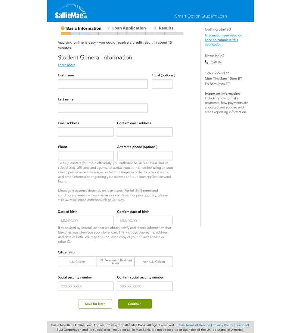 The reskinned Student General Information page in the legacy Sallie Mae brand: one column of full-width standardized inputs with labels above them, generous spacing, disclosure text grouped beneath the fields it applies to, a segmented citizenship control, and green Save for later and Continue buttons