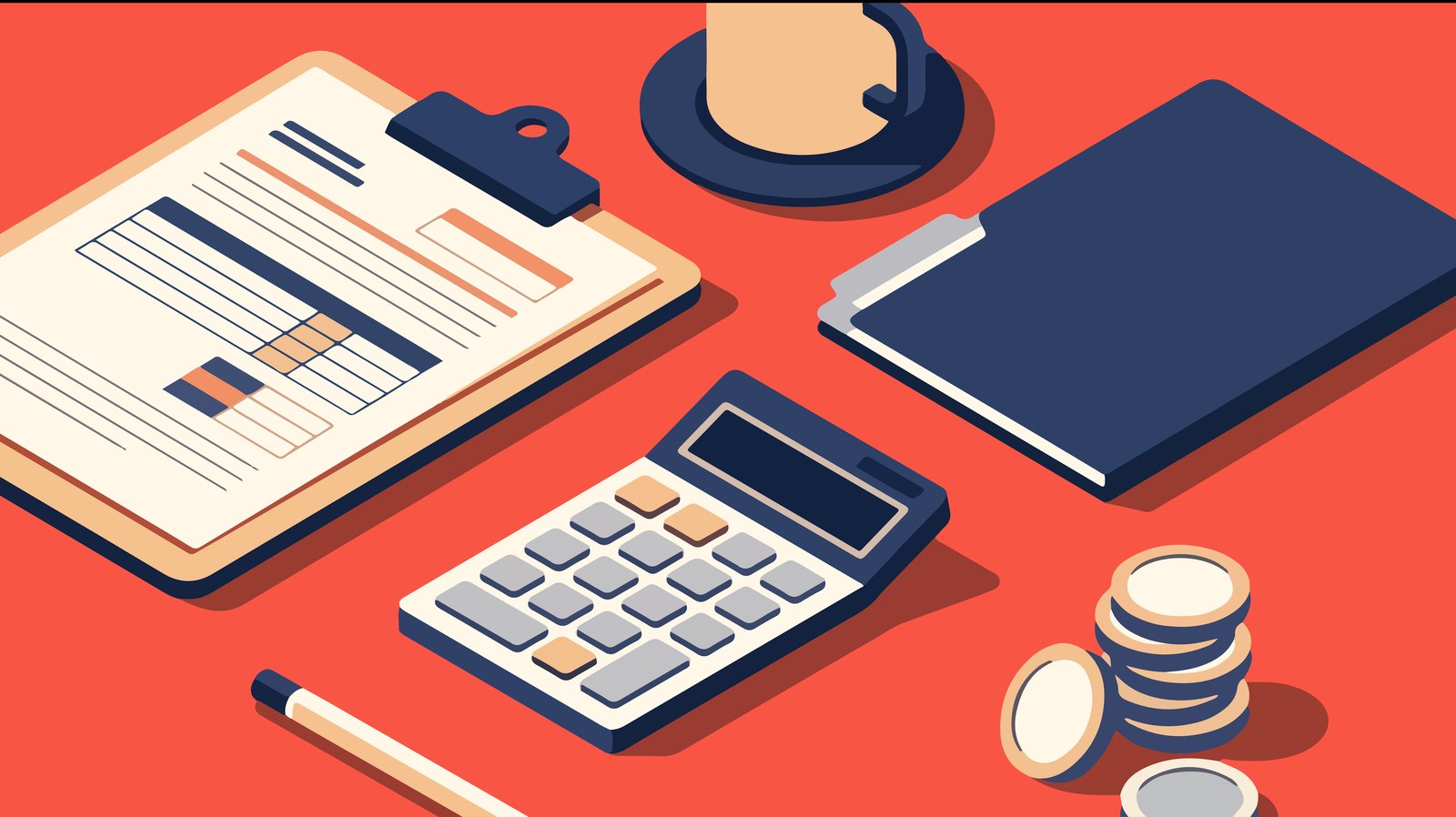 Flat illustration of a desk from above with a clipboard of figures, a calculator, a folder, and stacked coins